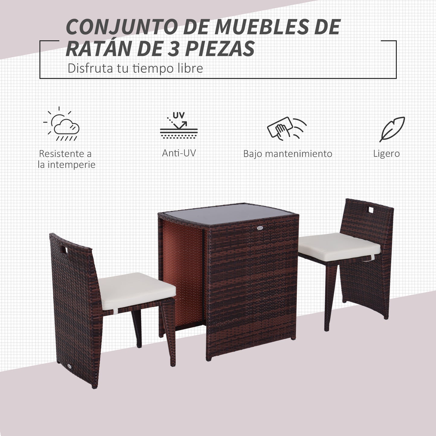 Outsunny Conjunto 1 Mesa y 2 Sillas Mueble Mimbre Ratan Jardin Terraza Exterior Desayuno