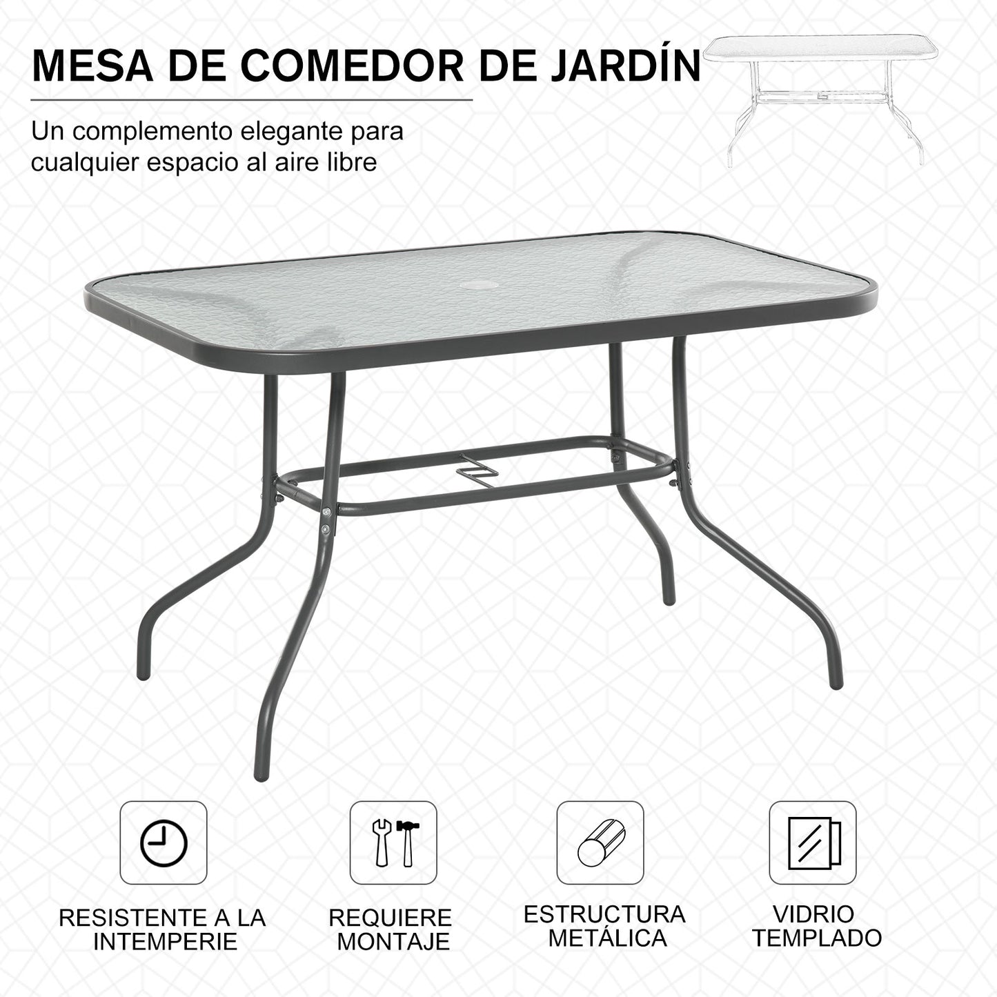 Outsunny Mesa de Jardín Exterior Rectangular de Metal Bordes Curvos con Orificio para Sombrilla Capacidad 70kg Vidrio Templado 120x80x70 cm Gris Carbón