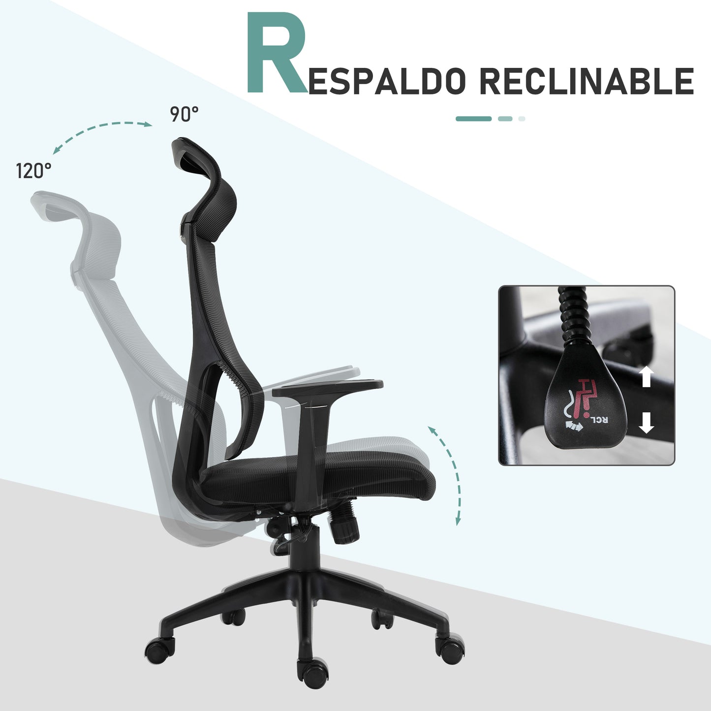 Vinsetto Silla de Oficina Silla de Escritorio Giratoria Ajustable en Altura y Reclinable hasta 120° Bloqueo de Posición 64x61x120,9-128,9 cm Negro