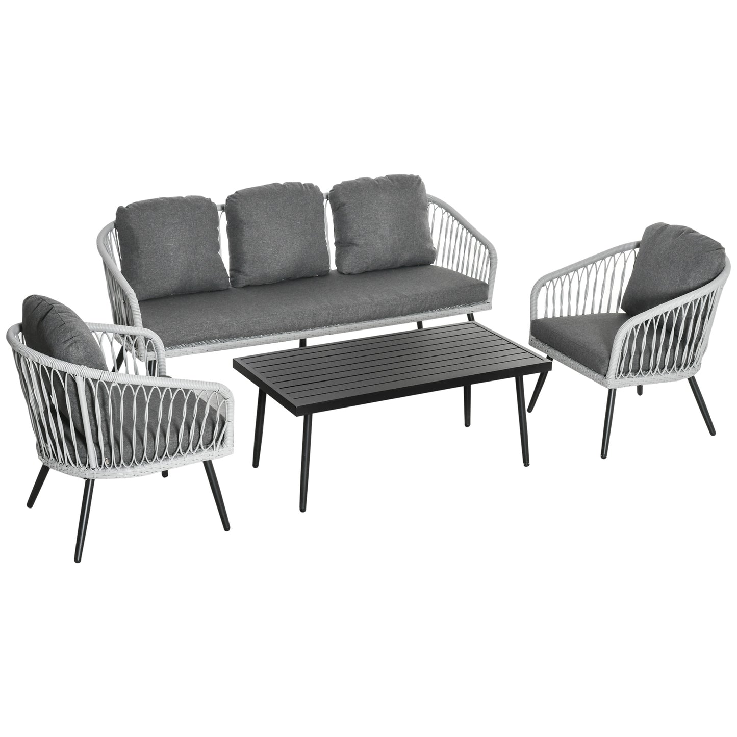 Outsunny Conjunto de Muebles de Ratán y Aluminio Juego de Muebles de Jardín 4 Piezas Mesa de Café Sofá de 3 Plazas y 2 Sillones con Cojines para Terraza Exterior Gris