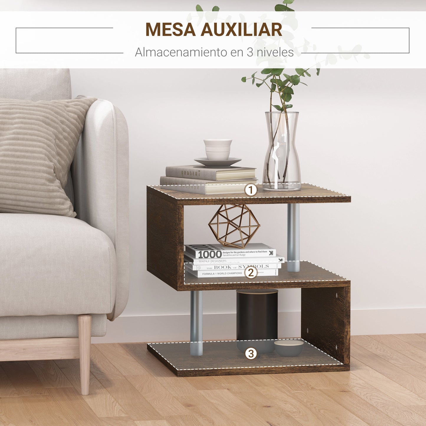 HOMCOM Mesa Auxiliar Mesita Auxiliar en Forma de S con Estantes a 3 Niveles Estilo Industrial para Salón 48x48x48 cm Marrón Rústico