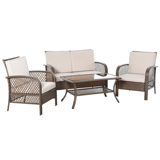 Outsunny Conjunto de 4 Muebles de Jardín de Ratán PE Sillón Sofá Doble y Mesa de Café con Cojines Lavable para Exterior Terraza Patio Marrón y Caqui