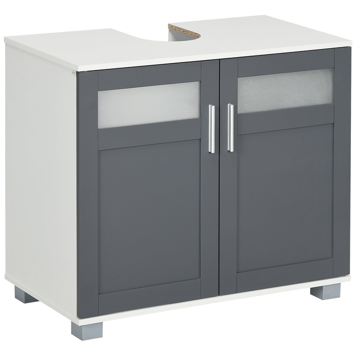 kleankin Mueble para Debajo del Lavabo Armario Bajo Lavabo con 2 Puertas de Vidrio Templado y Estante Ajustable 69x35x59 cm Blanco y Gris