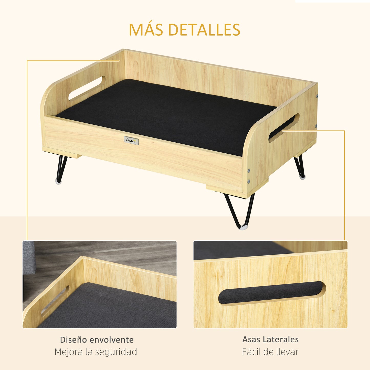 PawHut Cama de Madera para Perros Gatos Cama Cesta para Mascotas Pequeñas con Cojín Acolchado Asas y Patas de Acero 70x45x32 cm Roble y Negro