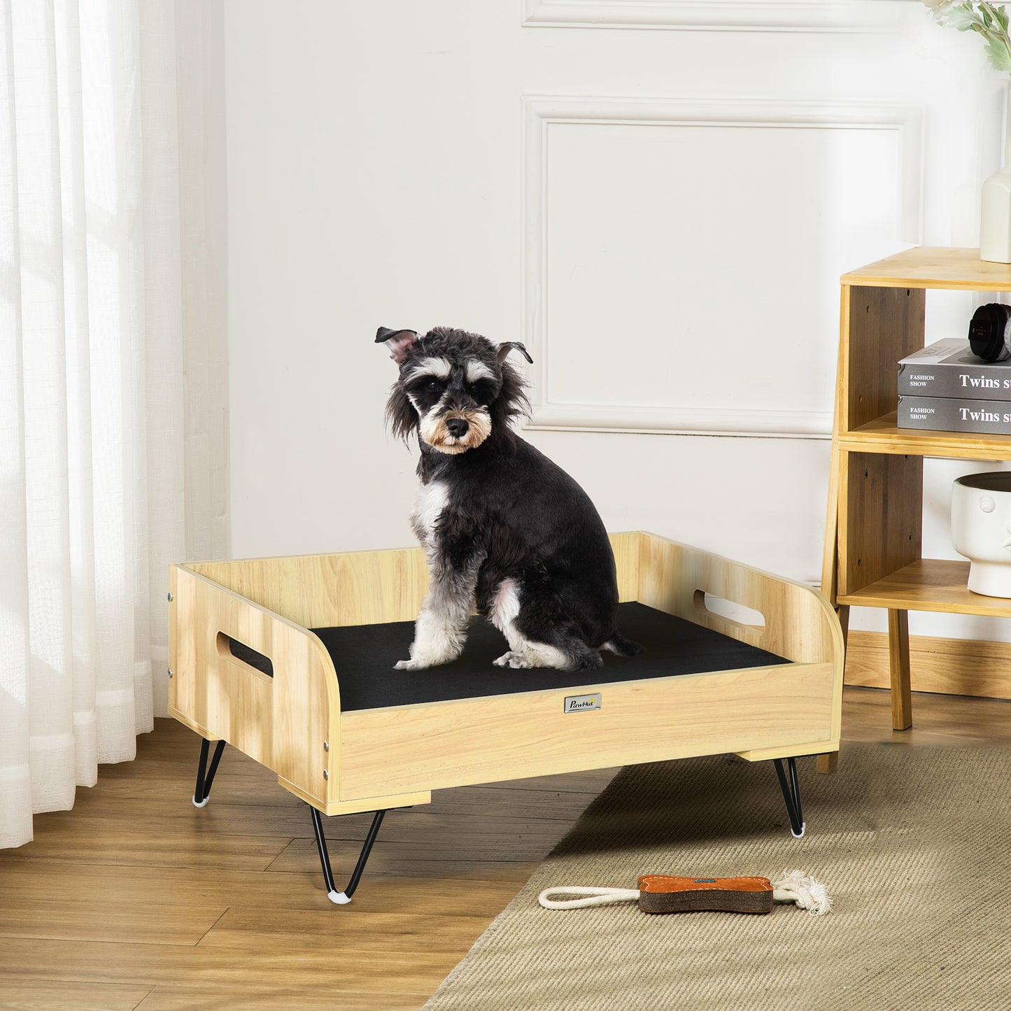 PawHut Cama de Madera para Perros Gatos Cama Cesta para Mascotas Pequeñas con Cojín Acolchado Asas y Patas de Acero 70x45x32 cm Roble y Negro