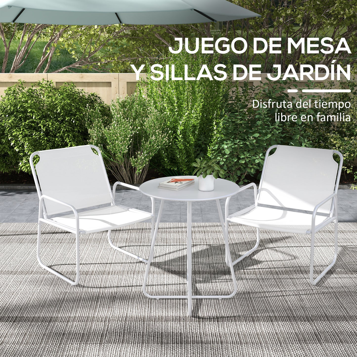 Outsunny Conjunto de Jardín Exterior Muebles de Jardín Exterior Juego de 1 Mesa Redonda y 2 Sillas de Terraza con Marco de Acero Reposabrazos y Almohadillas Ajustables para los Pies Blanco