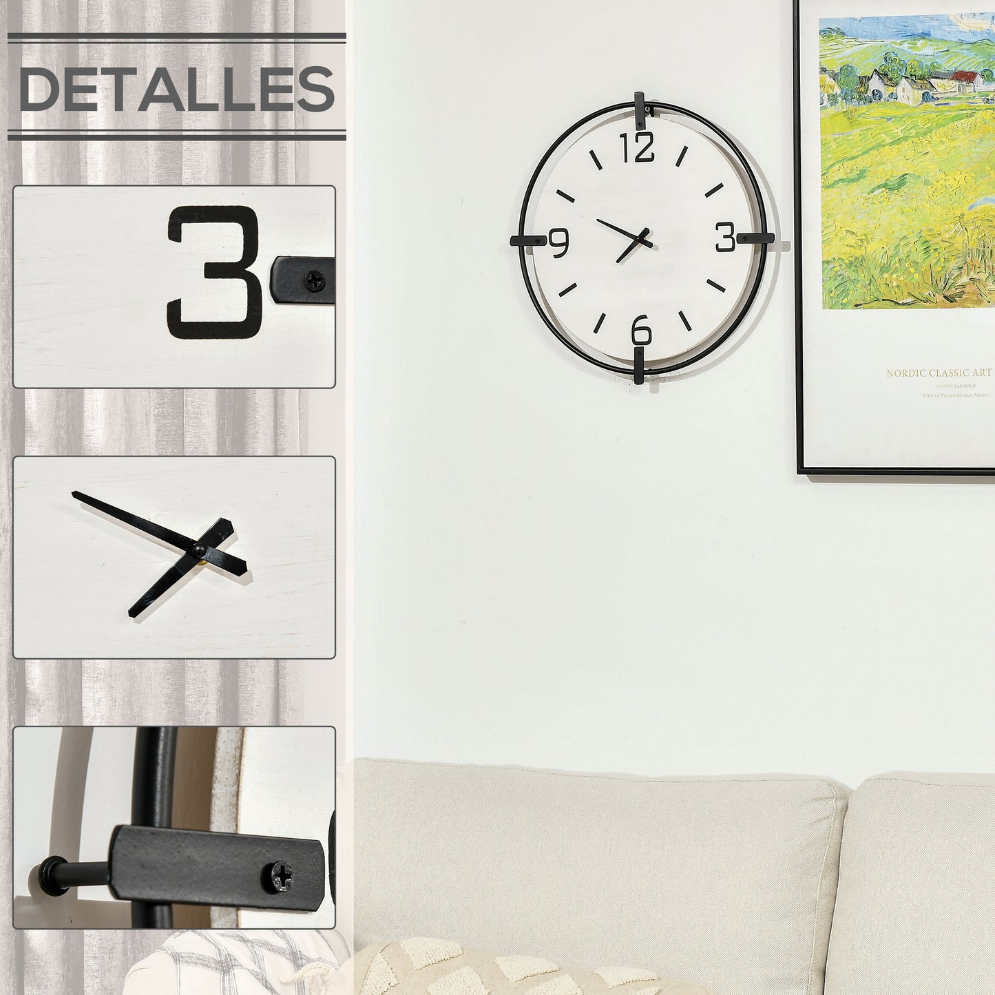 HOMCOM Reloj de Pared Silencioso de Ø40 cm Reloj de Pared de Metal y Madera con Funciona con Pilas sin Tictac Estilo Moderno Decoración para Salón Dormitorio Oficina Blanco