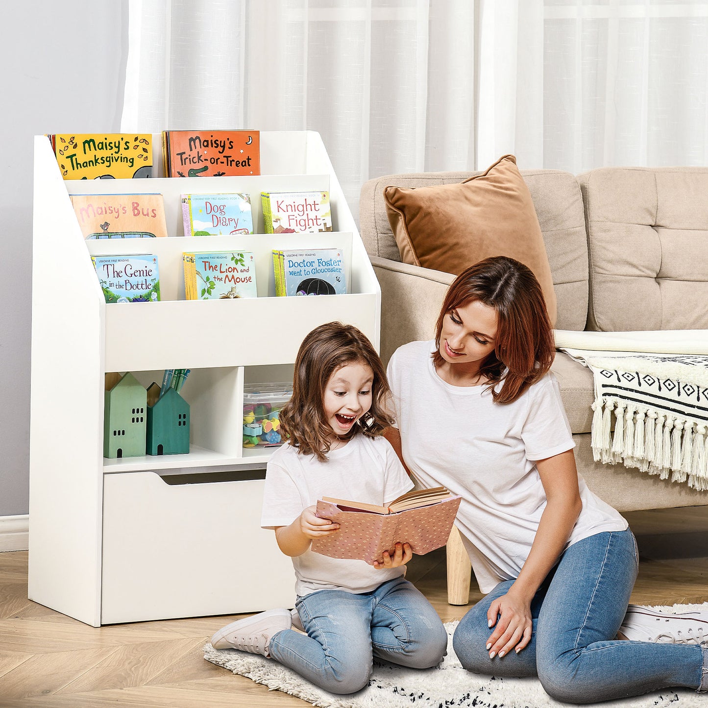 HOMCOM Estantería Infantil de Madera con 3 Compartimentos 2 Cubos y Cajón Móvil con 4 Ruedas Librería Infantil para Habitación de Niños Sala de Juegos 60x29,9x90 cm Blanco