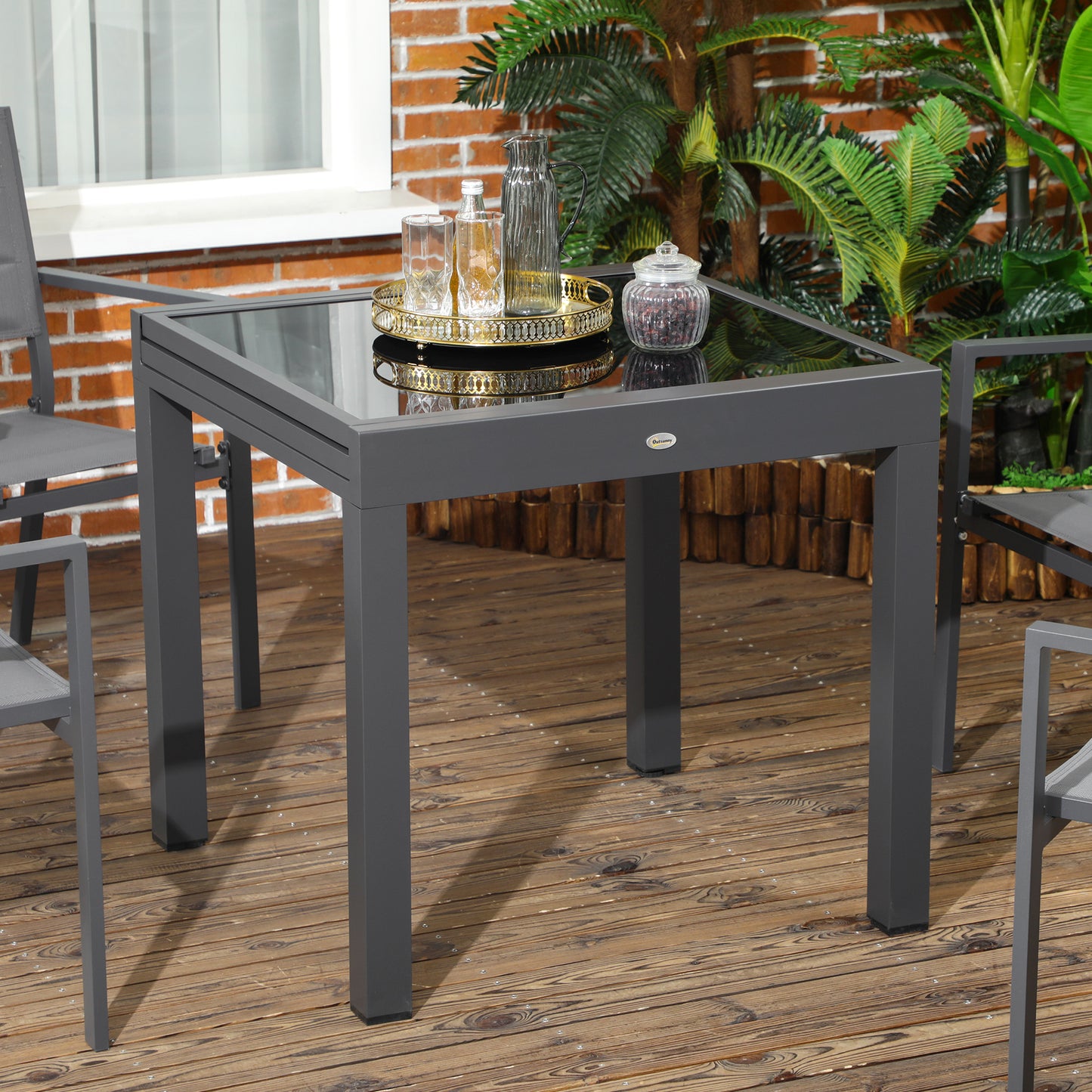 Outsunny Mesa de Jardín Extensible de Aluminio Mesa de Comedor Rectangular con Encimera de Vidrio Templado Carga 50 kg para Terraza 80-160x80x75 cm Negro