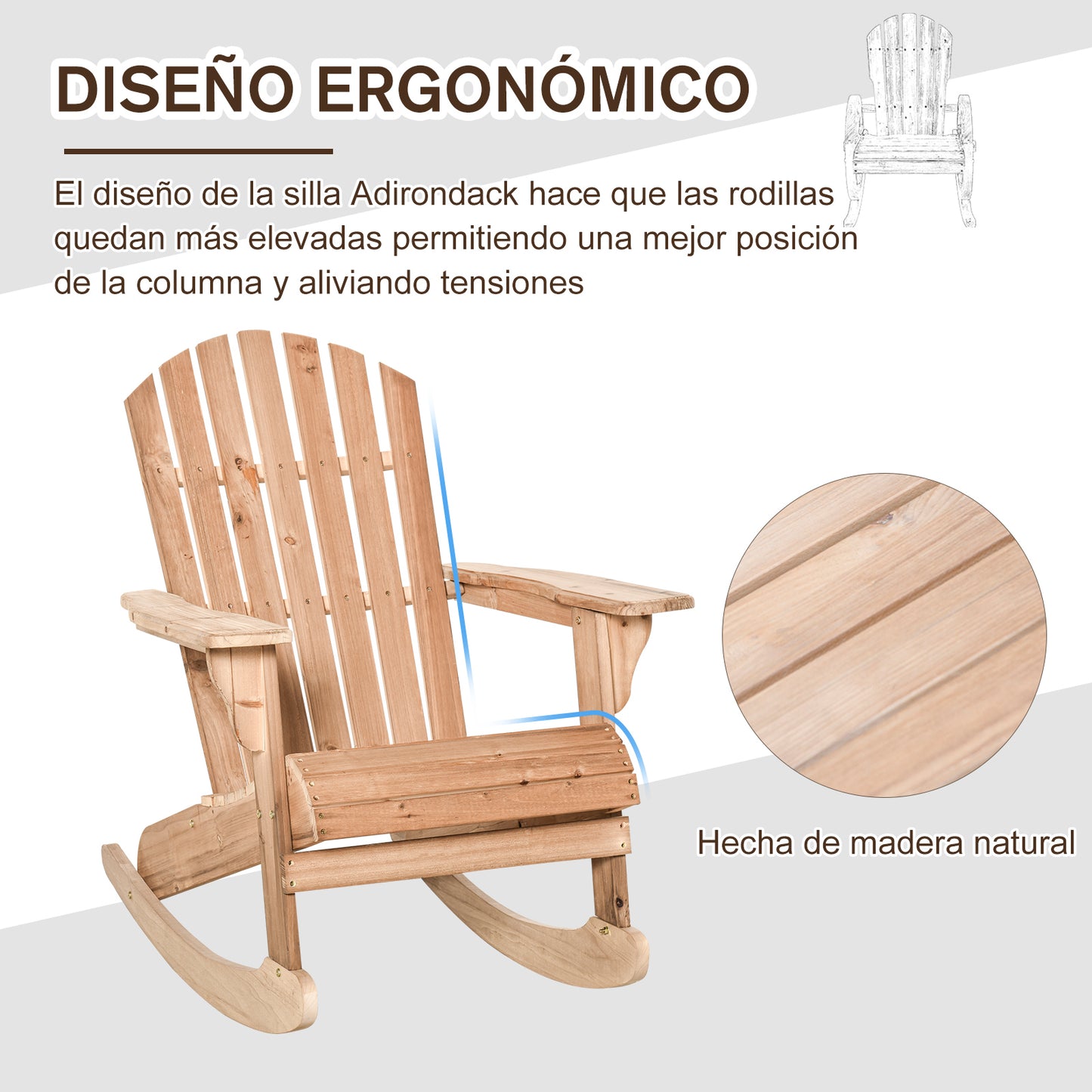 Outsunny Sillón Mecedora Silla Adirondack de Madera Natural 77x94x97 cm para Jardín Terraza Exterior de Estilo Rústico Carga 130kg Color Teca