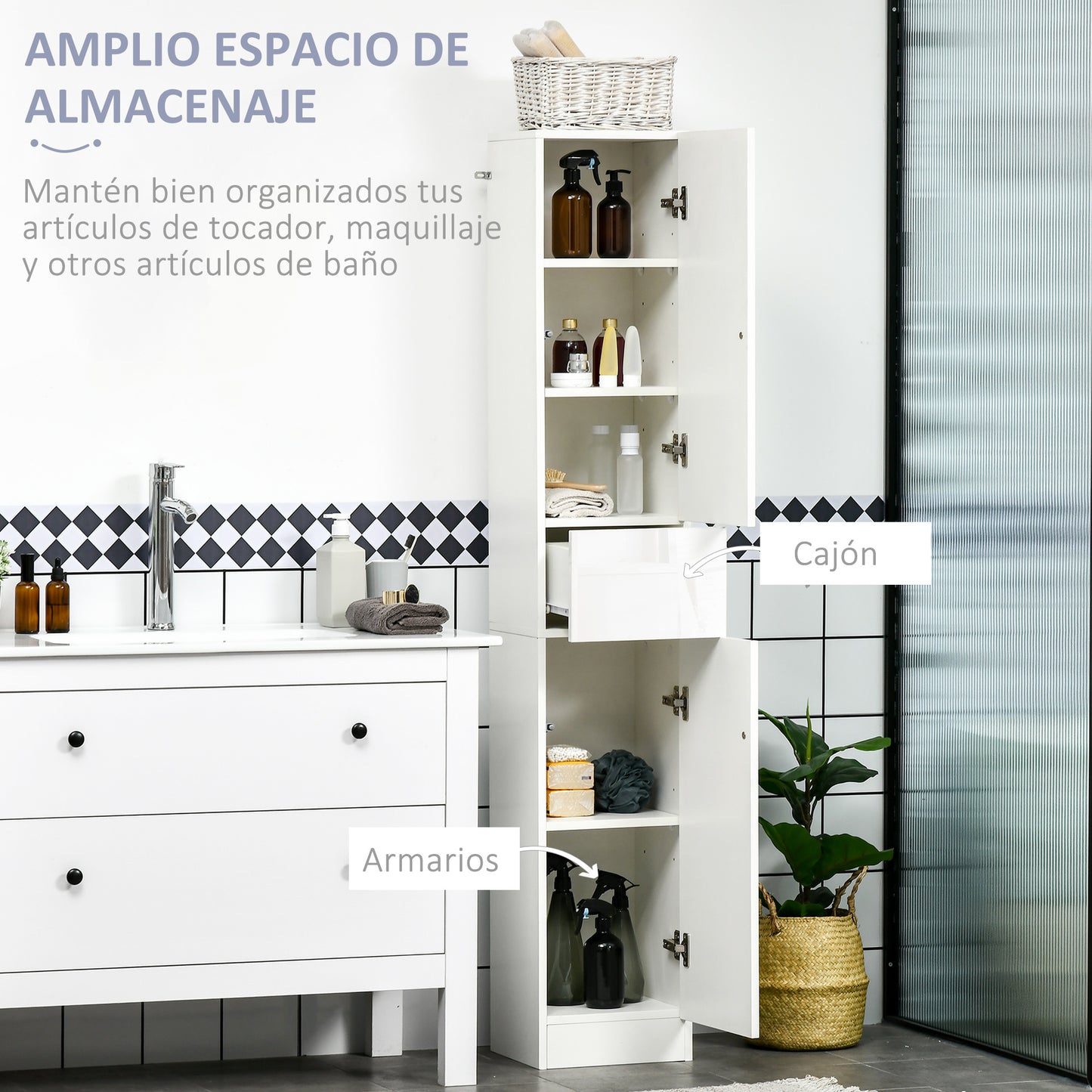 kleankin Armario Alto de Baño con 1 Cajón y 5 Estantes Abiertos Columna Auxiliar de Baño para Salón Aseo Dormitorio Estilo Moderno 30x28x170 cm Blanco