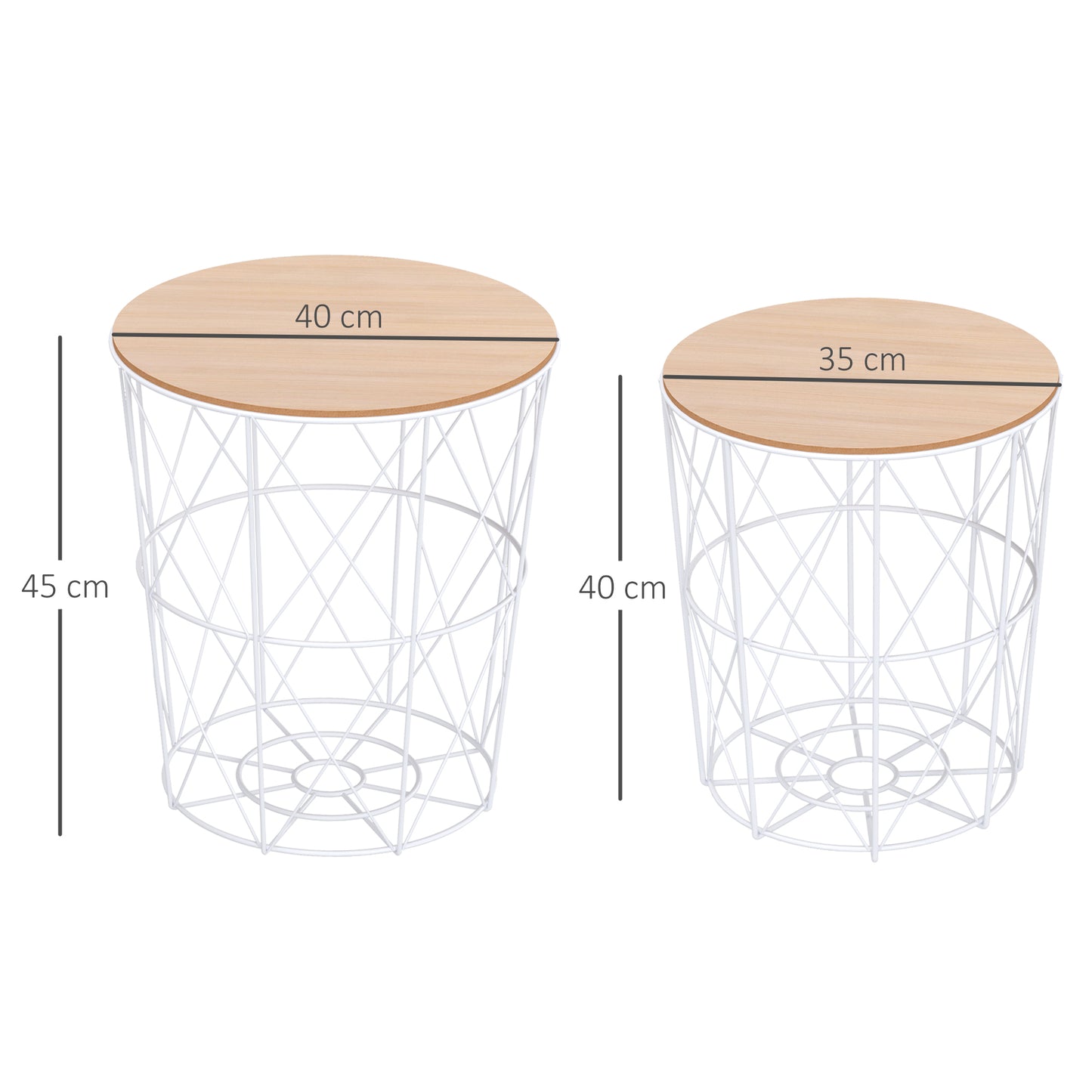 HOMCOM Juego de 2 Mesas Auxiliares de Salón Modernas Mesas de Centro Redondas con Tapa Extraíble y Estructura Metálica para Dormitorios Ø40x45 cm y Ø35x40 cm Blanco