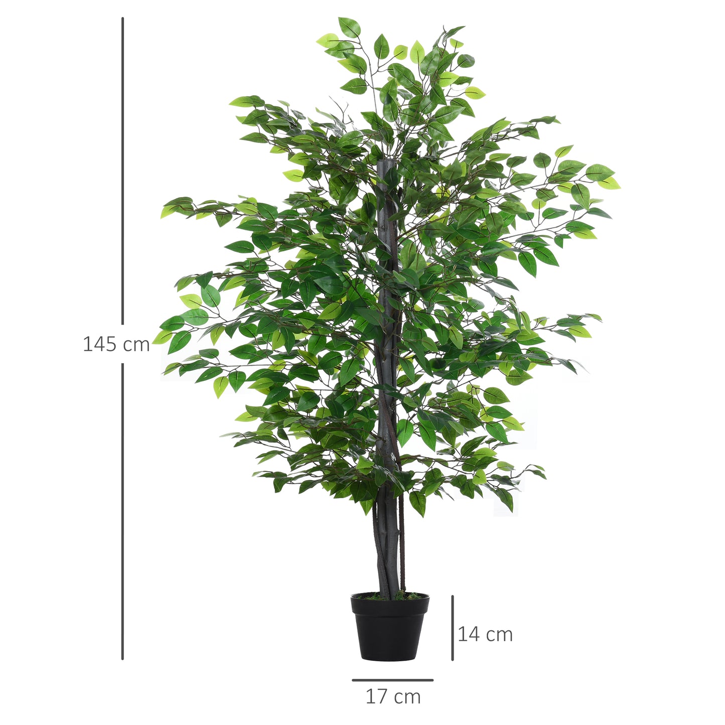 Outsunny Planta Artificial Ficus Artificial de 145 cm con 756 Hojas y Maceta para Decoración Interior y Exterior Ø20x145 cm Verde