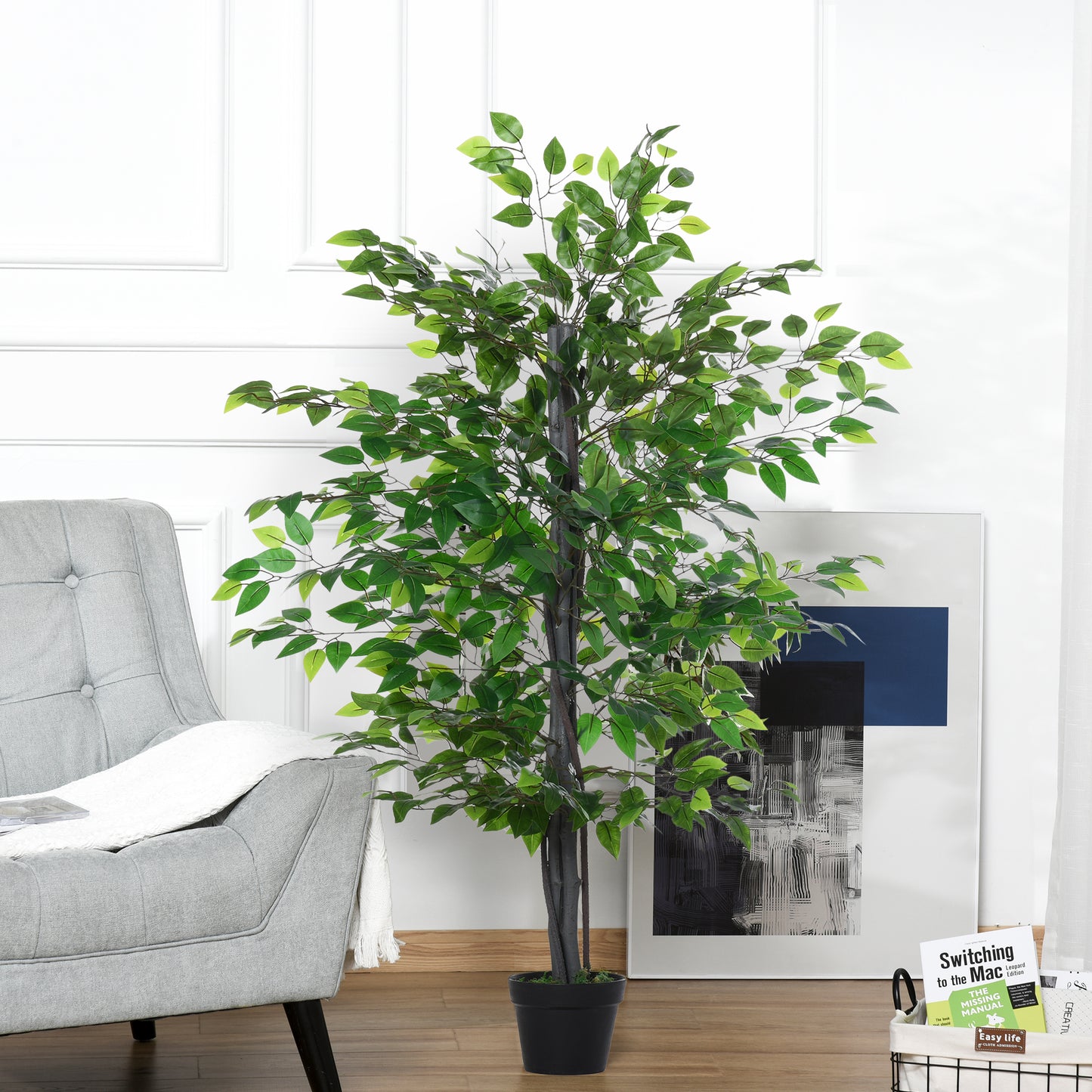 Outsunny Planta Artificial Ficus Artificial de 145 cm con 756 Hojas y Maceta para Decoración Interior y Exterior Ø20x145 cm Verde