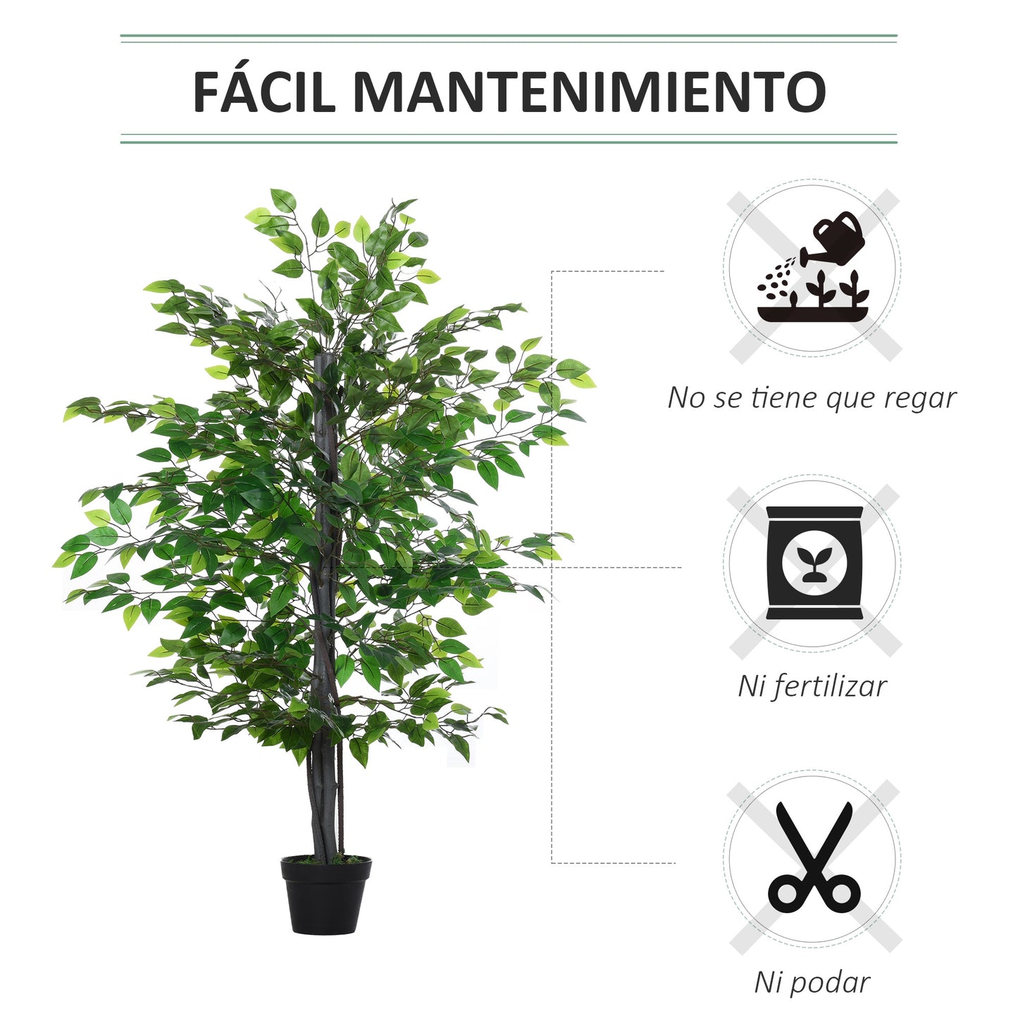 Outsunny Planta Artificial Ficus Artificial de 145 cm con 756 Hojas y Maceta para Decoración Interior y Exterior Ø20x145 cm Verde