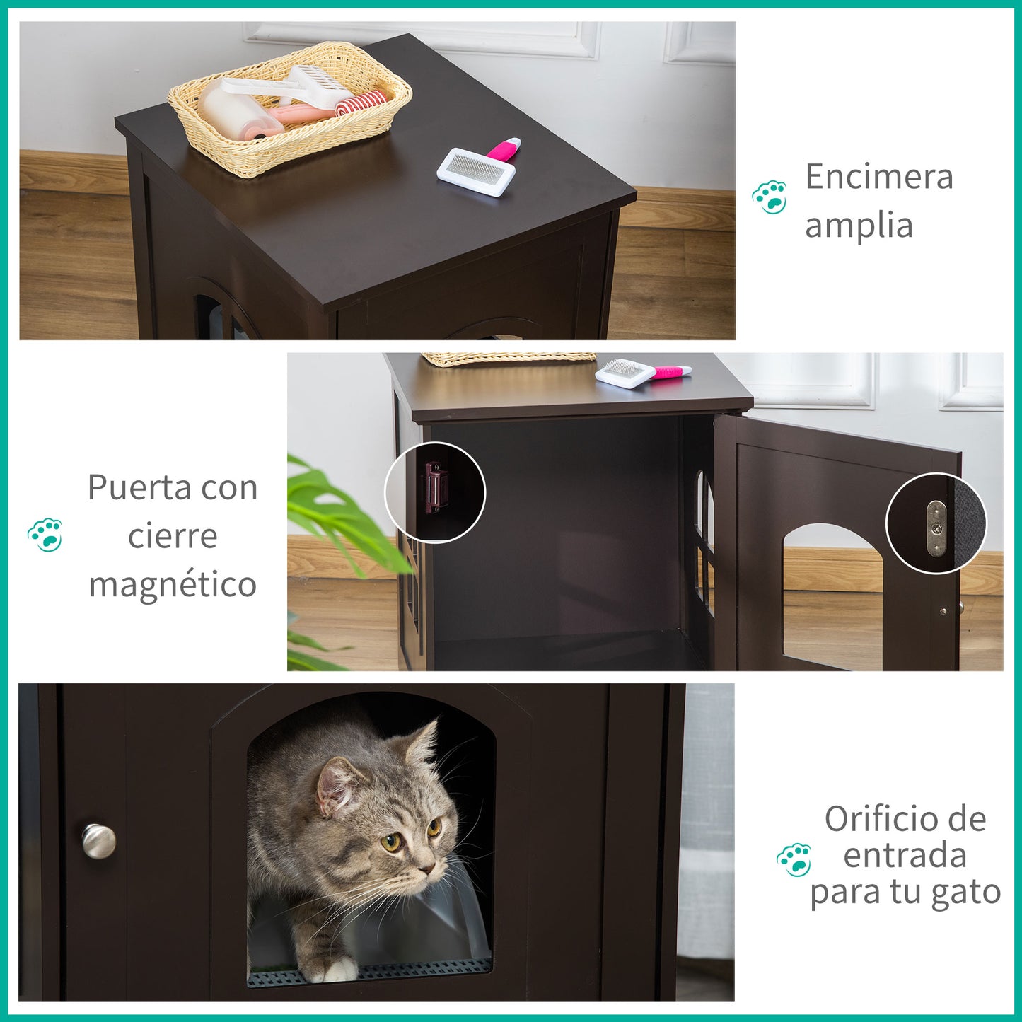 PawHut Mueble Arenero para Gatos 2 en 1 Casa para Gatos de Madera con Armario de Almacenaje Encimera Amplio Puerta y 2 Ventanas Cruzadas 48,7x53,3x53 cm Café