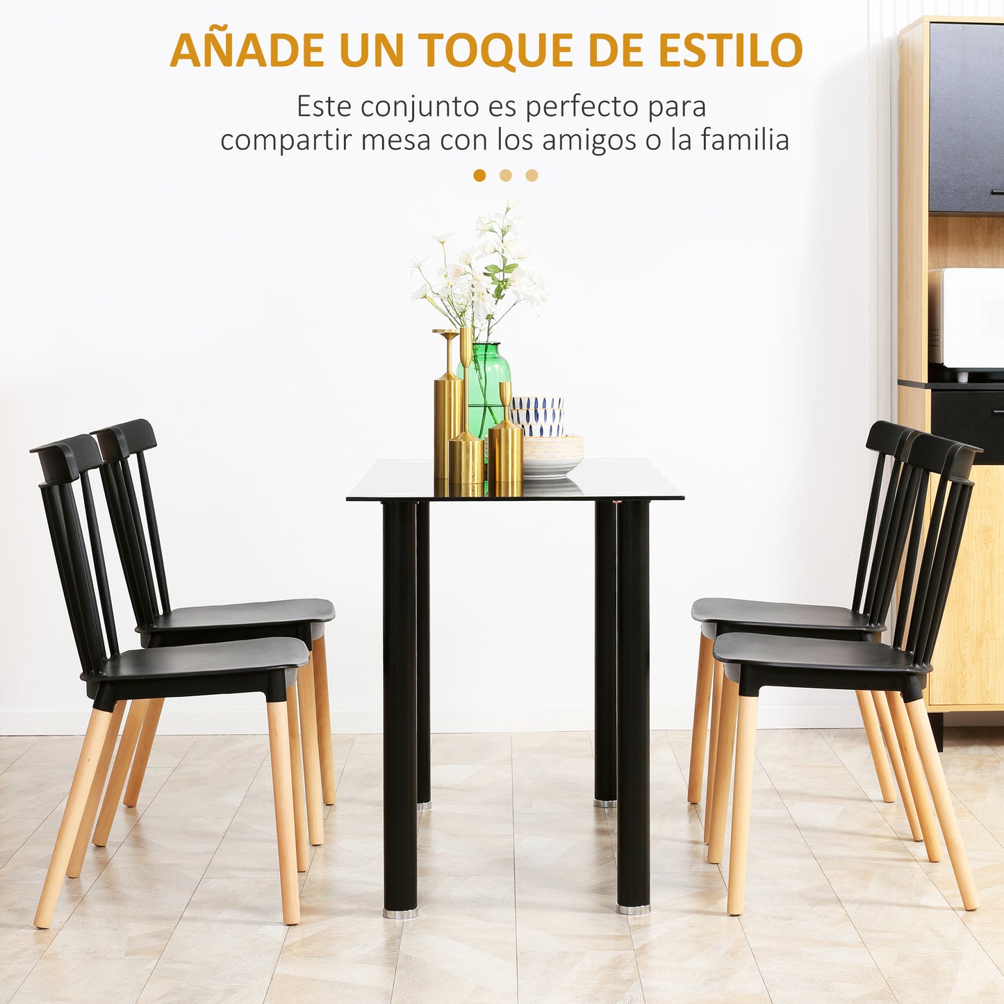 HOMCOM Juego de 4 Sillas de Comedor Estilo Nórdico Sillas de Cocina con Respaldo Alto Asiento de Polipropileno y Patas de Madera de Haya Carga 120 kg 48x52,5x83 cm Negro