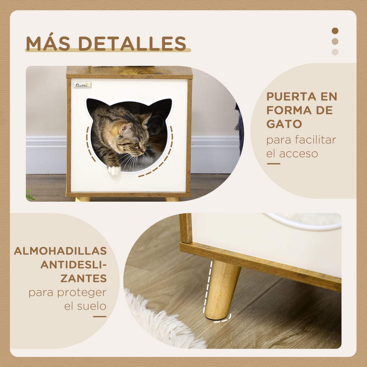 Pawhut Caseta de Madera para Gatos Casa para Gatos Interior Cuerva de Gatos con Cojín Lavable y Patas Elevadas 34x34x44,5 cm Marrón