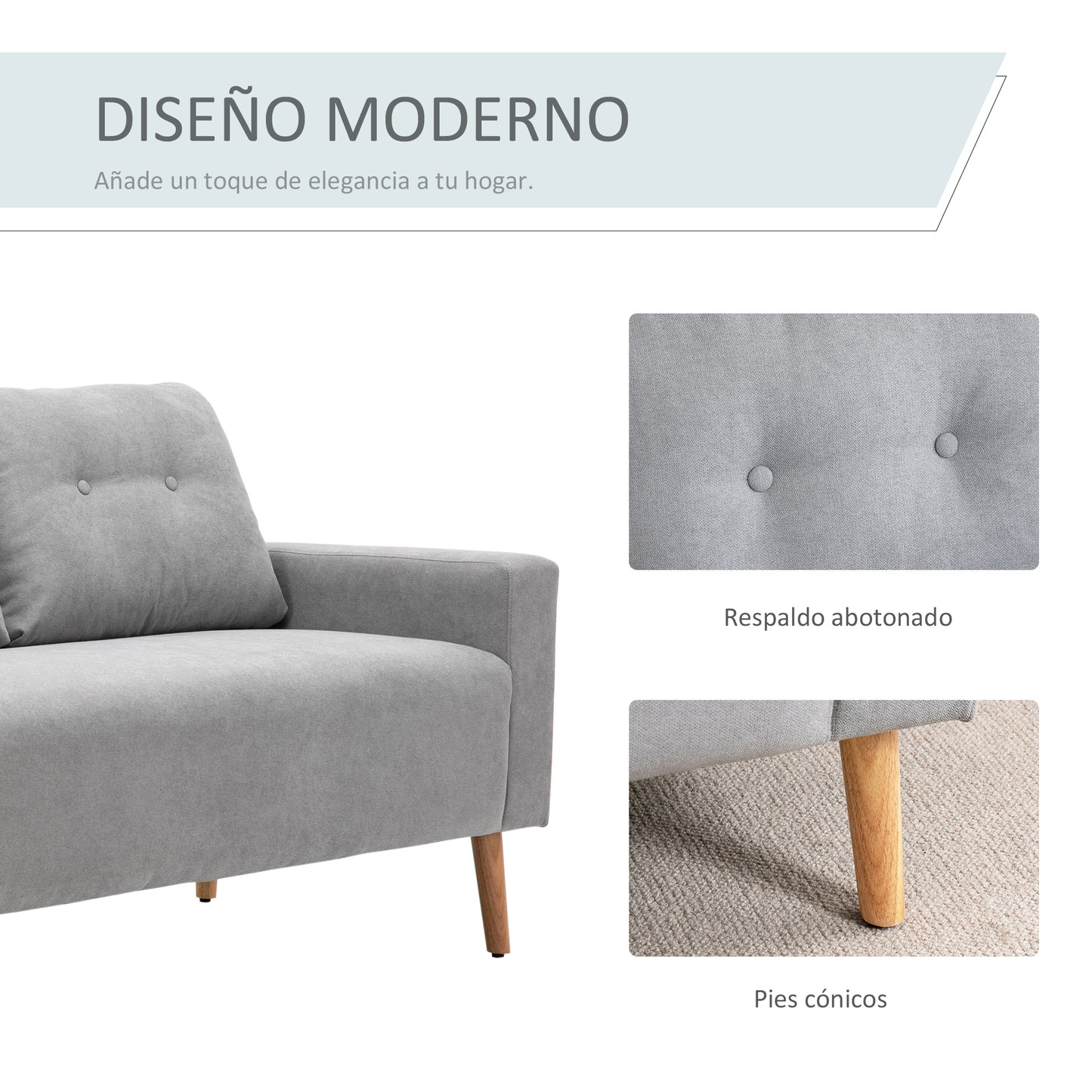 HOMCOM Sofá de 2 Plazas Sillón Moderno Tapizado en Poliéster con 2 Cojines Reposabrazos y Patas de Madera de Caucho para Dormitorio Oficina 145x76x88 cm Gris