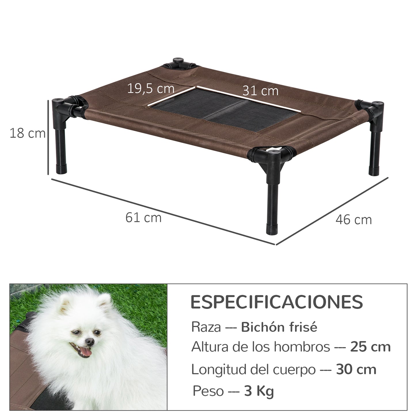 PawHut Cama Elevada para Perros Gatos Portátil Cama para Mascotas con Zona de Malla Transpirable y Tela Oxford para Interior Exterior 61x46x18 cm Marrón