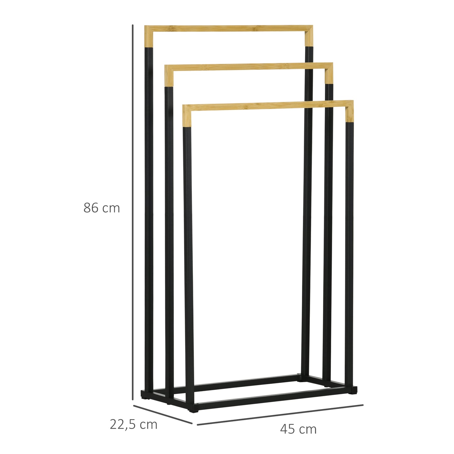 kleankin Toallero de Pie de 3 Niveles Toallero Escalera con 3 Barras de Bambú y Marco de Acero para Baño Lavadero 45x22,5x86 cm Negro y Natural