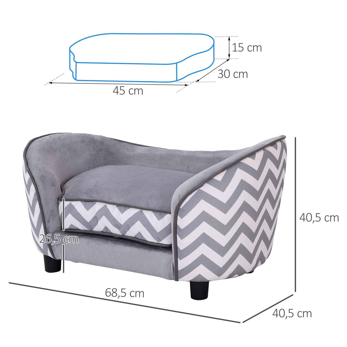 PawHut Sofá para Mascotas Sofá Acolchado para Perros y Gatos de Madera Cama Elevada para Perros y Gatos con Cojín Grueso Patas y Bolsillo de Almacenaje 68,5x40,5x40,5 cm Gris