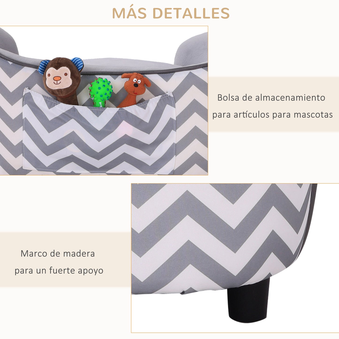 PawHut Sofá para Mascotas Sofá Acolchado para Perros y Gatos de Madera Cama Elevada para Perros y Gatos con Cojín Grueso Patas y Bolsillo de Almacenaje 68,5x40,5x40,5 cm Gris