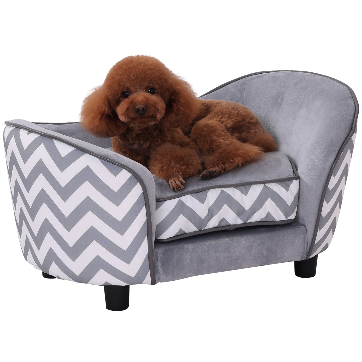 PawHut Sofá para Mascotas Sofá Acolchado para Perros y Gatos de Madera Cama Elevada para Perros y Gatos con Cojín Grueso Patas y Bolsillo de Almacenaje 68,5x40,5x40,5 cm Gris