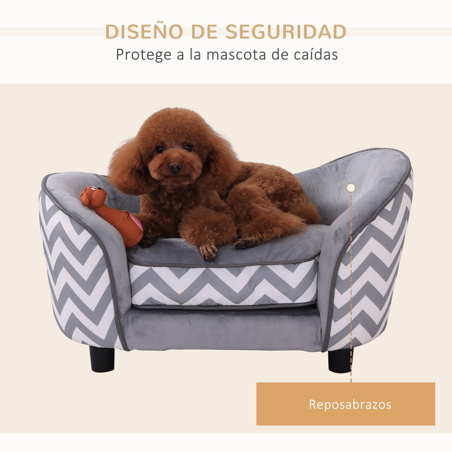 PawHut Sofá para Mascotas Sofá Acolchado para Perros y Gatos de Madera Cama Elevada para Perros y Gatos con Cojín Grueso Patas y Bolsillo de Almacenaje 68,5x40,5x40,5 cm Gris