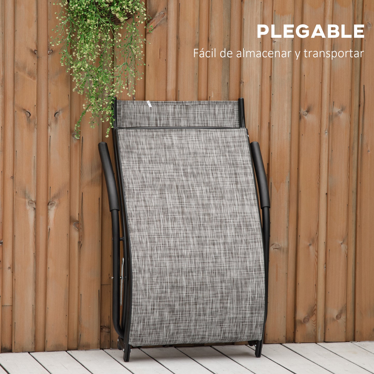 Outsunny Tumbona Plegable de Jardín con Reposabrazos Reposapiés Respaldo Transpirable y Marco de Metal Ergonómico para Terraza Playa Camping Exterior Piscina 170x62x68 cm Gris