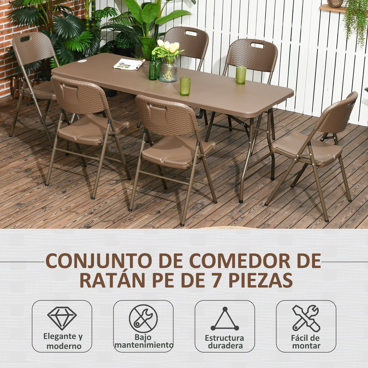 Outsunny Conjunto de Mesa y 6 Sillas de Jardín Juego de Comedor de 7 Piezas Plegable Diseño de Imitación de Ratán con Marco de Acero para Playa Terraza Patio Marrón