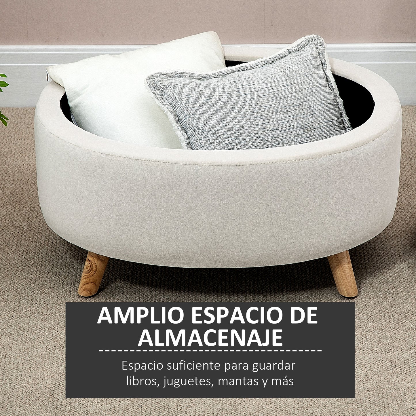 HOMCOM Otomana Puff Tapizada en Terciopelo Acolchada Taburete de Almacenaje con Tapa Extraíble y Patas de Madera para Dormitorio Salón Pasillo 71x51,5x42 cm Beige