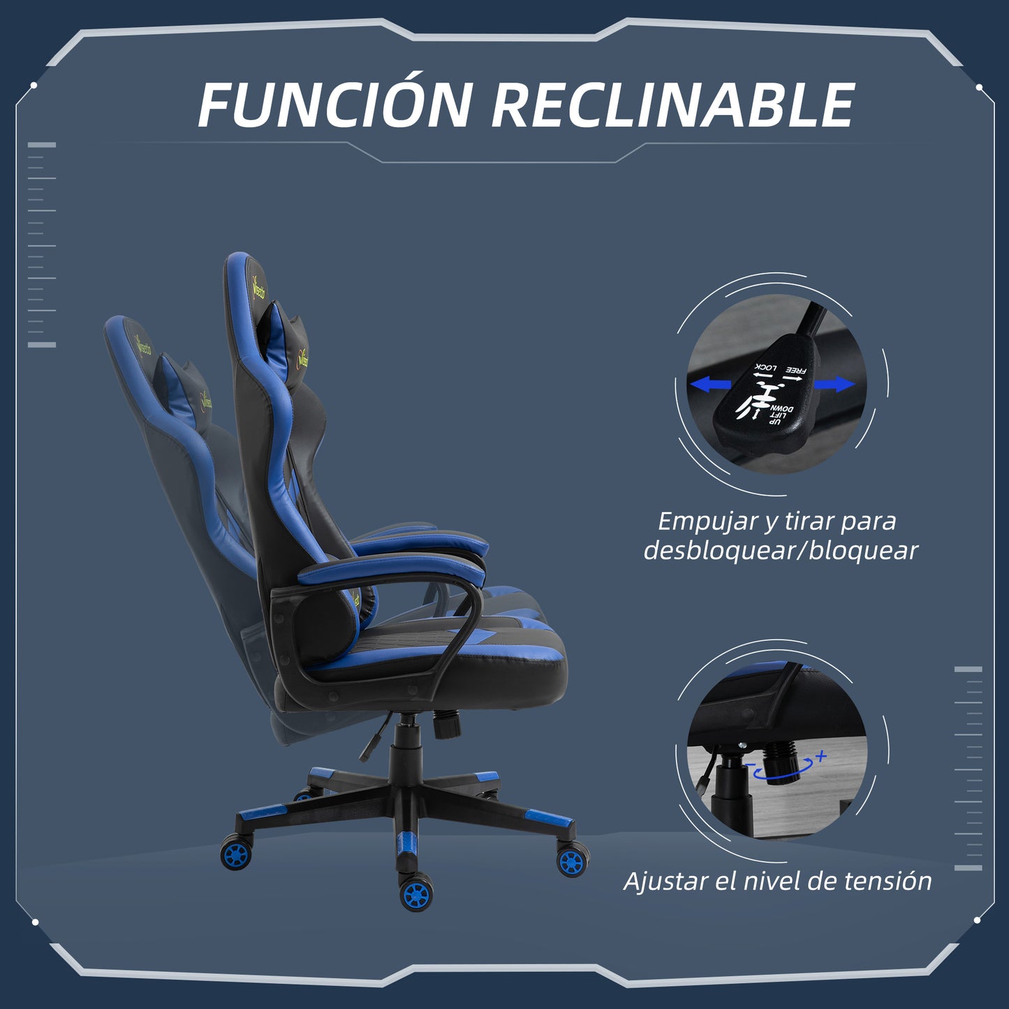 Vinsetto Silla Gaming Silla Gamer Basculante con Altura Ajustable Giratoria Reposacabezas y Lumbar Desmontable Silla de Oficina Estudio Azul