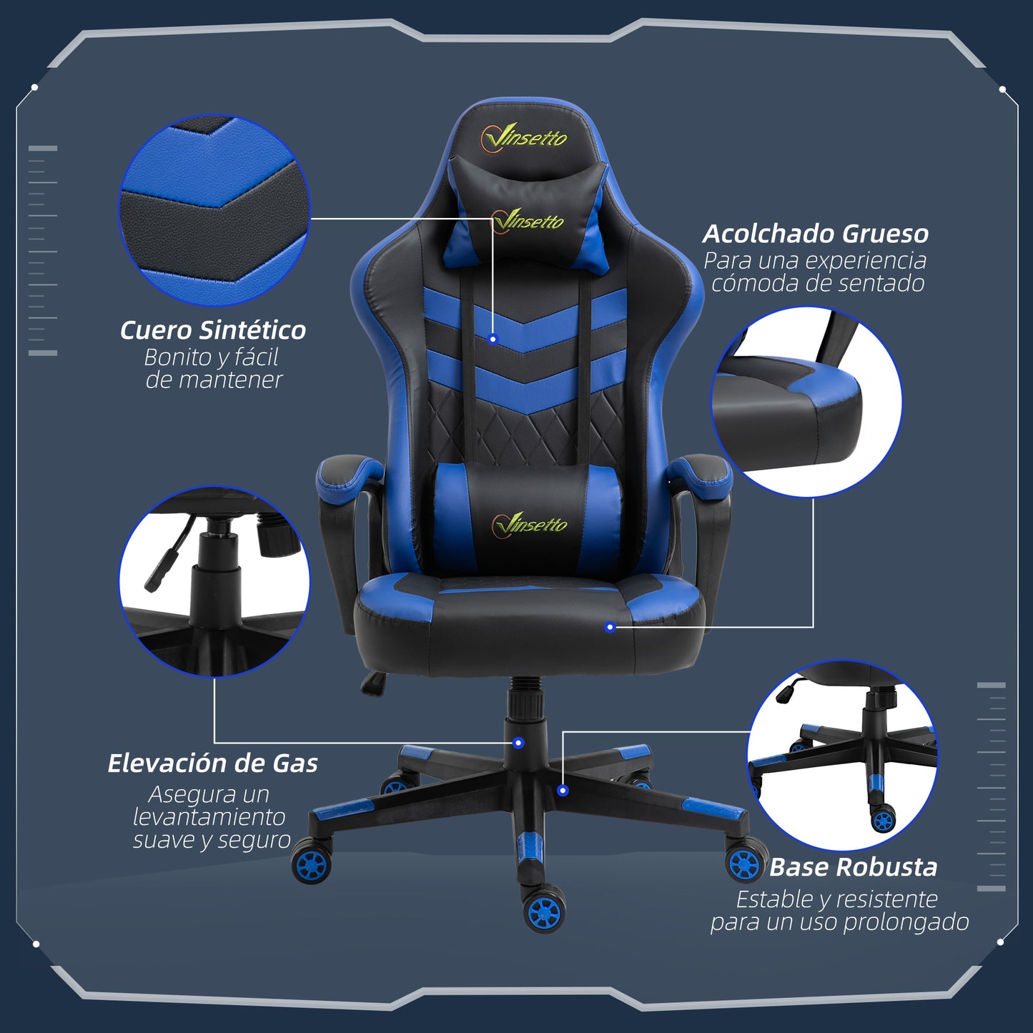 Vinsetto Silla Gaming Silla Gamer Basculante con Altura Ajustable Giratoria Reposacabezas y Lumbar Desmontable Silla de Oficina Estudio Azul