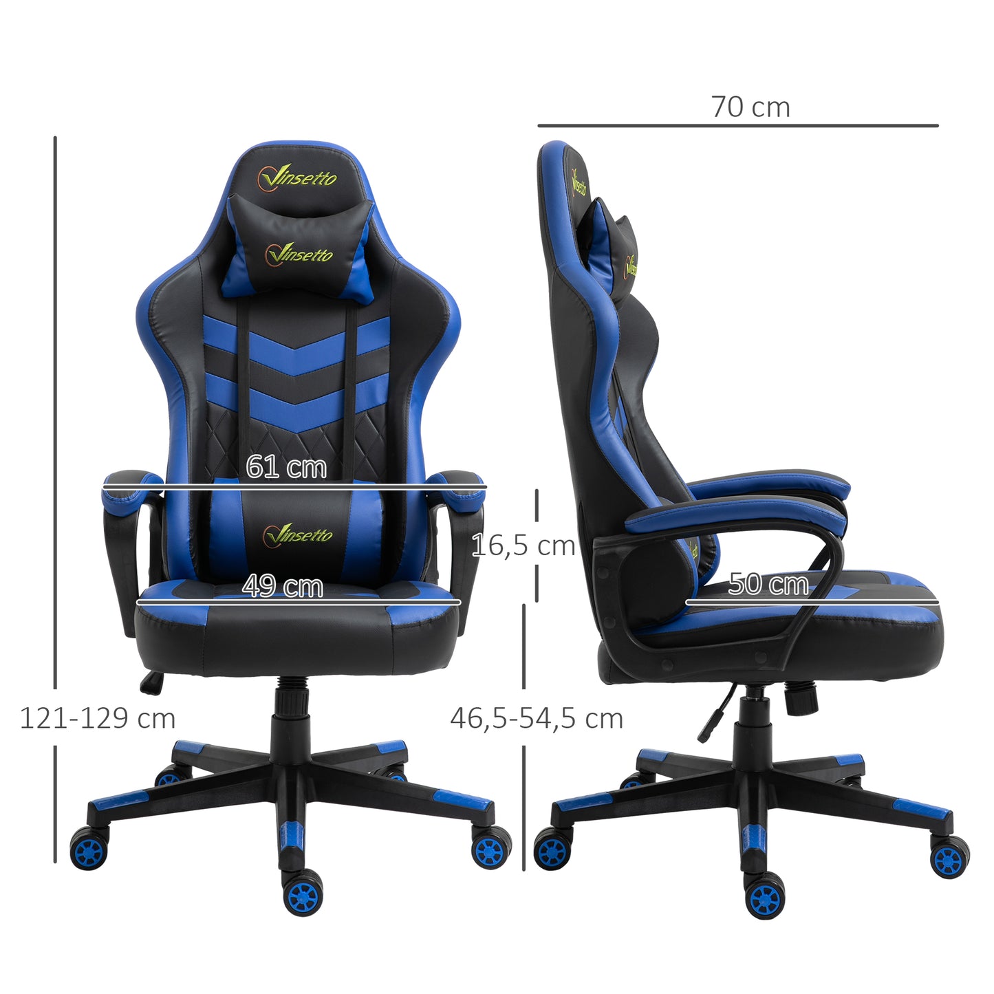 Vinsetto Silla Gaming Silla Gamer Basculante con Altura Ajustable Giratoria Reposacabezas y Lumbar Desmontable Silla de Oficina Estudio Azul