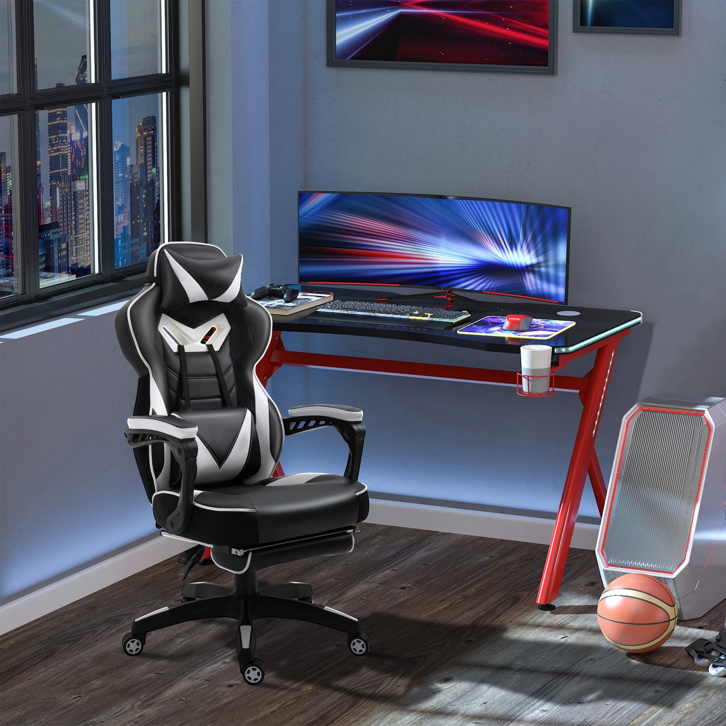 Vinsetto Silla Gaming Ergonómica Silla de Escritorio de Oficina Regulable en Altura Reclinable Respaldo con Reposapiés Reposacabezas Cojín Lumbar Ruedas 65x70x118,5-128,5 cm Blanco