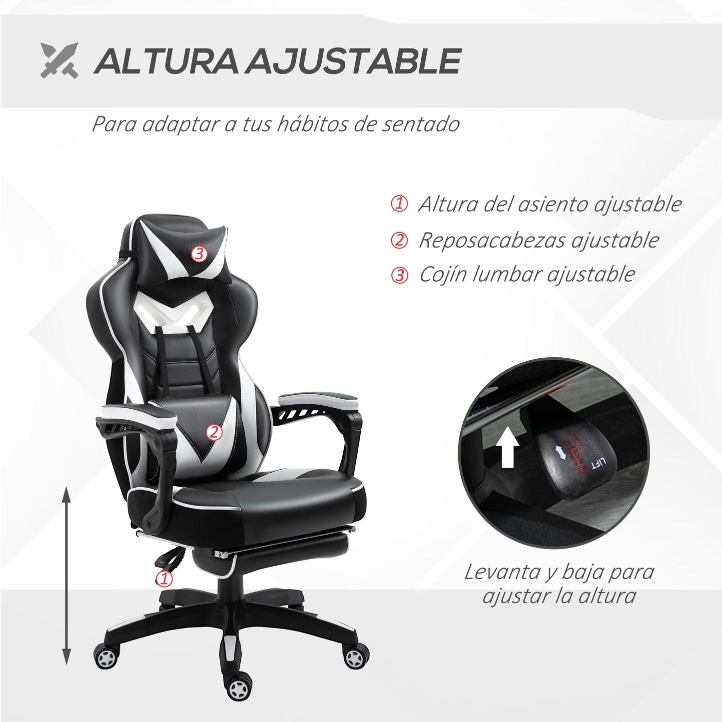 Vinsetto Silla Gaming Ergonómica Silla de Escritorio de Oficina Regulable en Altura Reclinable Respaldo con Reposapiés Reposacabezas Cojín Lumbar Ruedas 65x70x118,5-128,5 cm Blanco