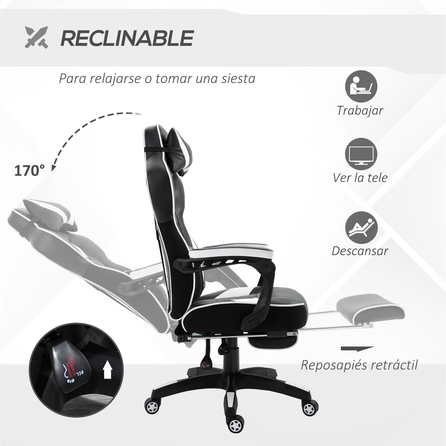 Vinsetto Silla Gaming Ergonómica Silla de Escritorio de Oficina Regulable en Altura Reclinable Respaldo con Reposapiés Reposacabezas Cojín Lumbar Ruedas 65x70x118,5-128,5 cm Blanco