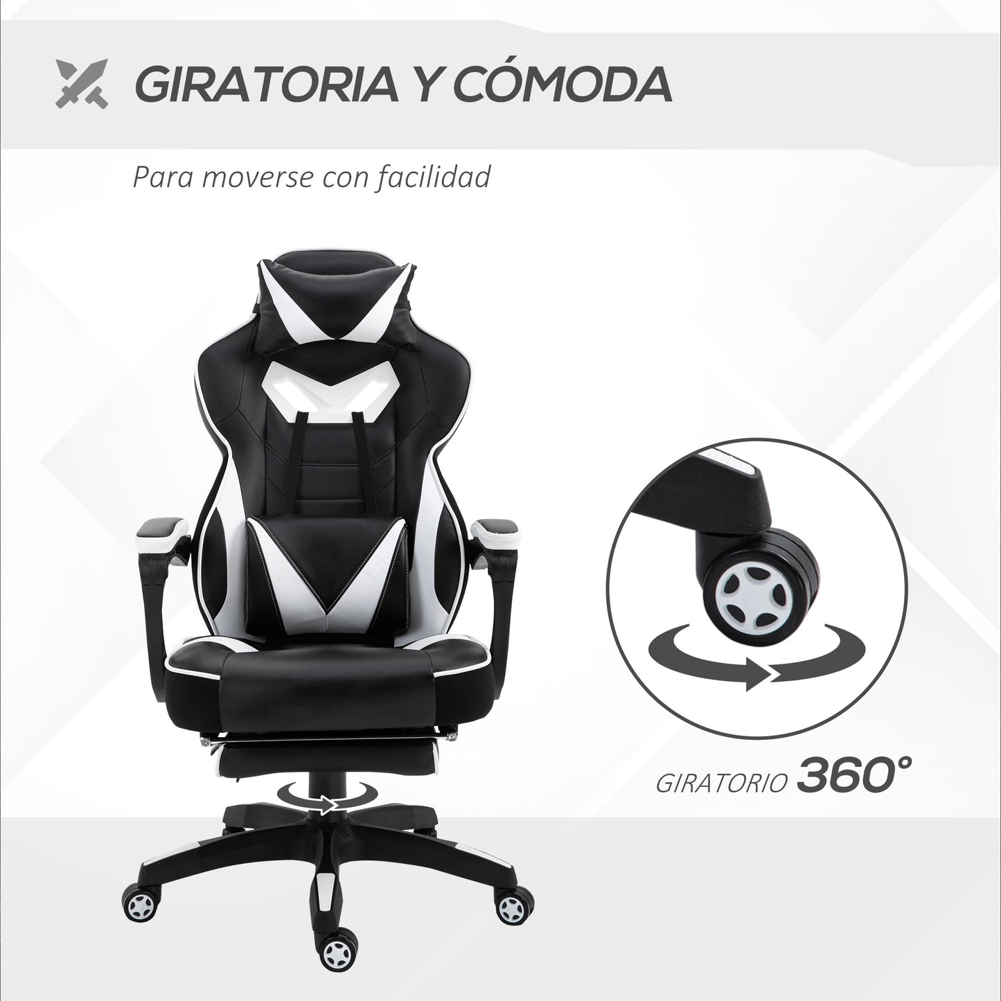 Vinsetto Silla Gaming Ergonómica Silla de Escritorio de Oficina Regulable en Altura Reclinable Respaldo con Reposapiés Reposacabezas Cojín Lumbar Ruedas 65x70x118,5-128,5 cm Blanco