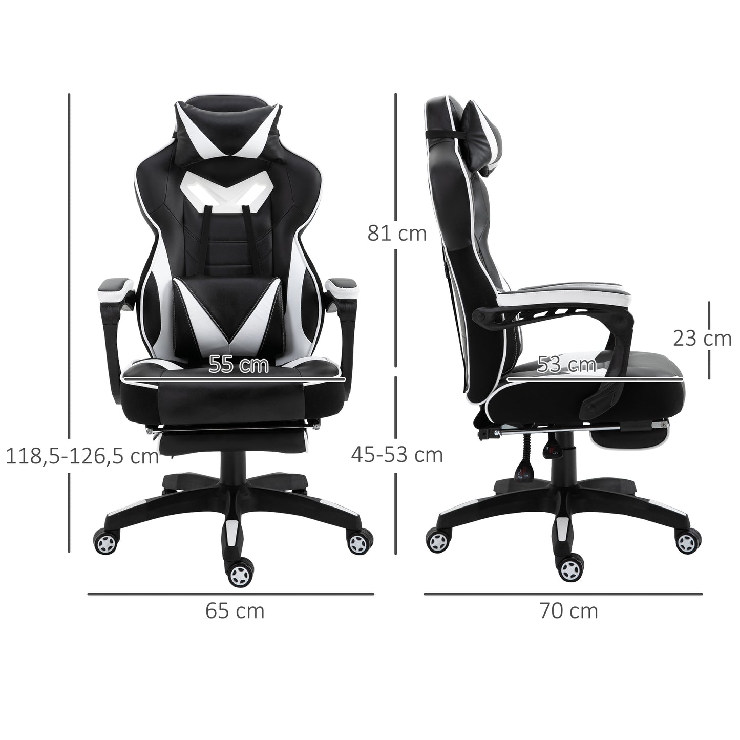 Vinsetto Silla Gaming Ergonómica Silla de Escritorio de Oficina Regulable en Altura Reclinable Respaldo con Reposapiés Reposacabezas Cojín Lumbar Ruedas 65x70x118,5-128,5 cm Blanco