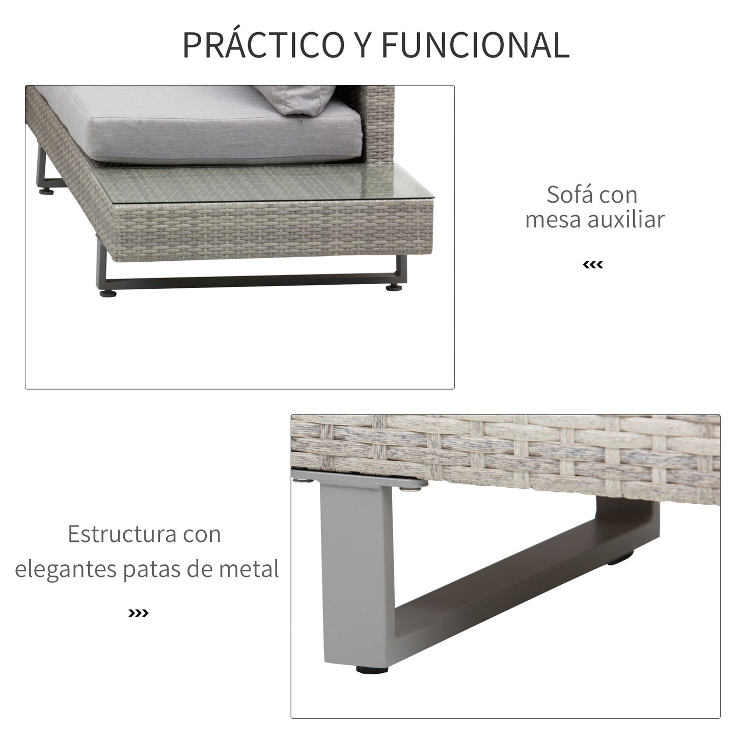 Outsunny Conjunto de Muebles Ratán de 3 Piezas Mesa de Centro Sofá Doble y Sofá de 3 Plazas con Cojines Extraíbles para Exterior Jardín Terraza Patio Acero Gris