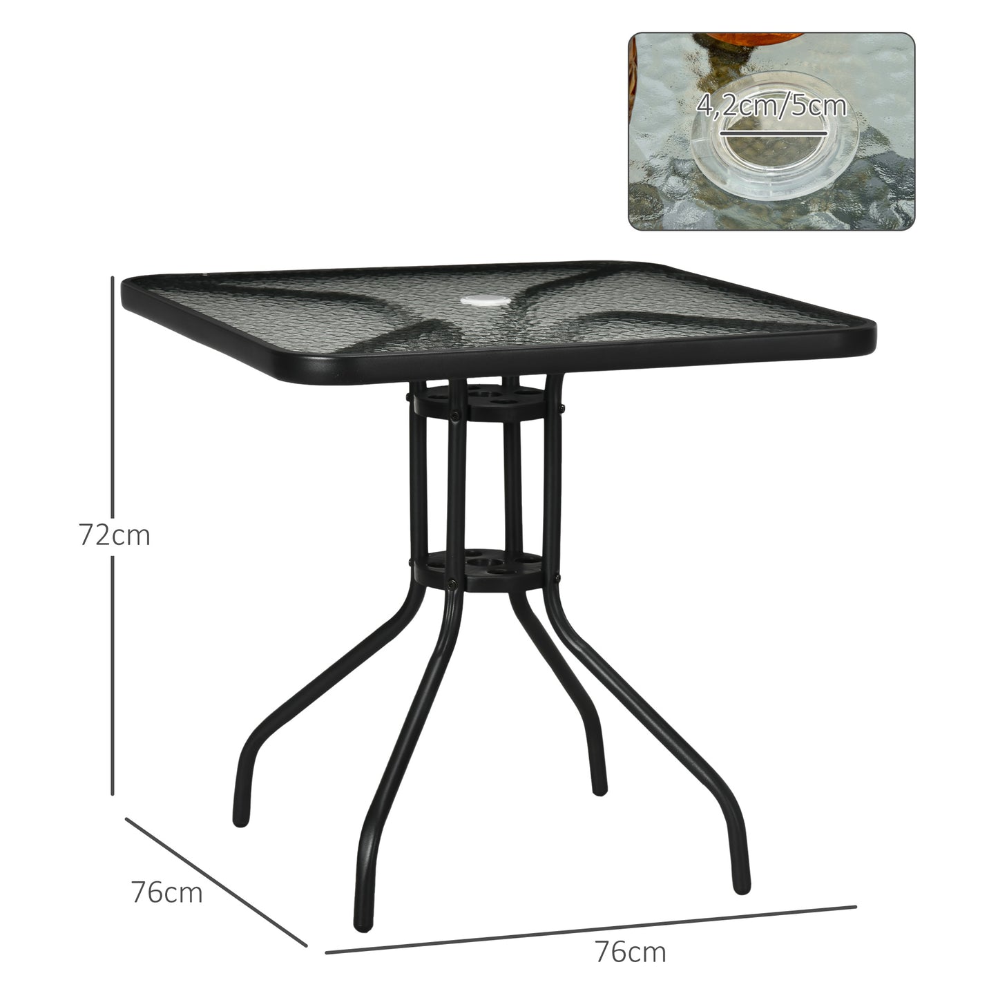 Outsunny Mesa de Jardín Cuadrada Mesa de Comedor Exterior 76x76x72 cm con Agujero para Sombrilla y Encimera de Vidrio Templado para Patio Terraza Negro