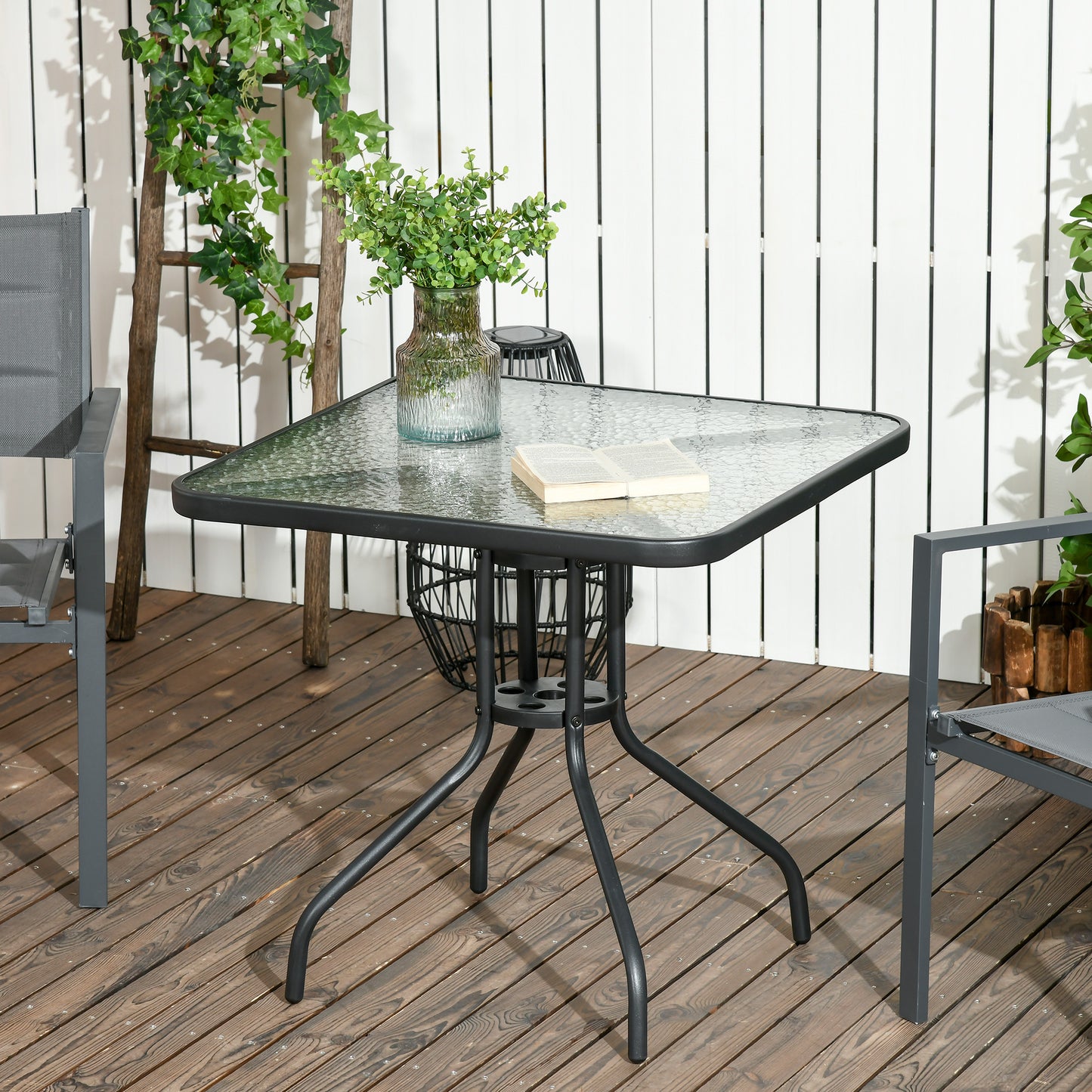 Outsunny Mesa de Jardín Cuadrada Mesa de Comedor Exterior 76x76x72 cm con Agujero para Sombrilla y Encimera de Vidrio Templado para Patio Terraza Negro