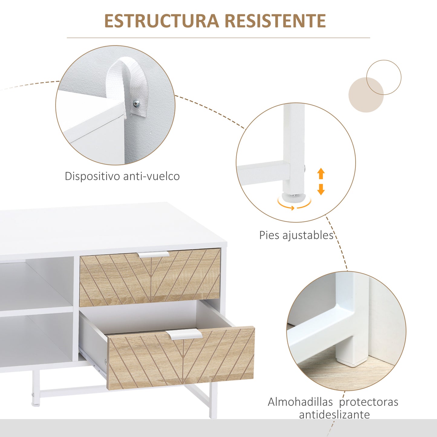 HOMCOM Mueble de TV para Televisores de hasta 47 Pulgadas Mesa para TV de Salón Moderna con 4 Cajones 2 Estantes Abiertos y Gestión de Cables 120x39x48 cm Roble y Blanco