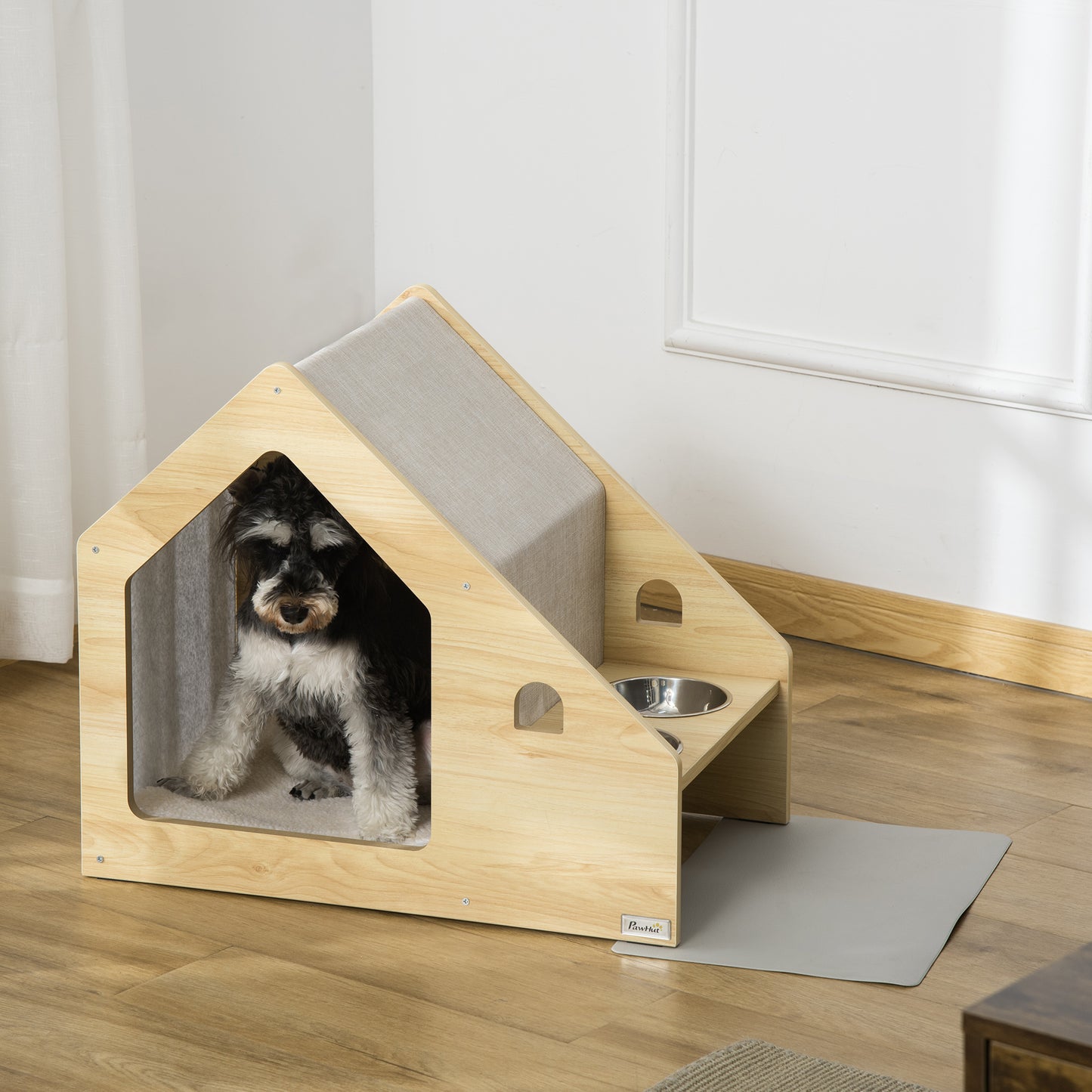 PawHut Caseta para Perros de Madera Cama de Interior para Cachorros con Comedero 2 Cuencos de Acero Inoxidable y Cojín Suave Desenfundable 62x40x54 cm Roble y Gris