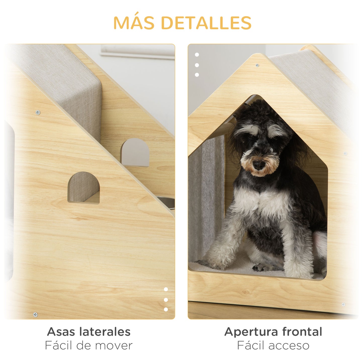 PawHut Caseta para Perros de Madera Cama de Interior para Cachorros con Comedero 2 Cuencos de Acero Inoxidable y Cojín Suave Desenfundable 62x40x54 cm Roble y Gris