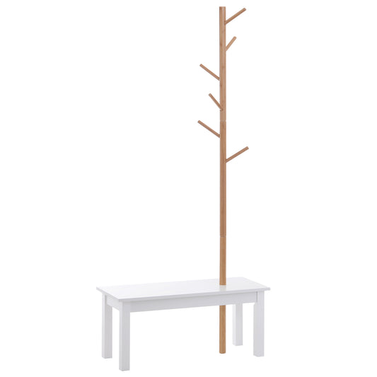 HOMCOM Perchero de Pie con Banco Colgador Tipo Árbol Moderno 6 Ganchos para Colgar Ropa Bolsa Pasillo Entrada Bambú y MDF 80x30x180cm