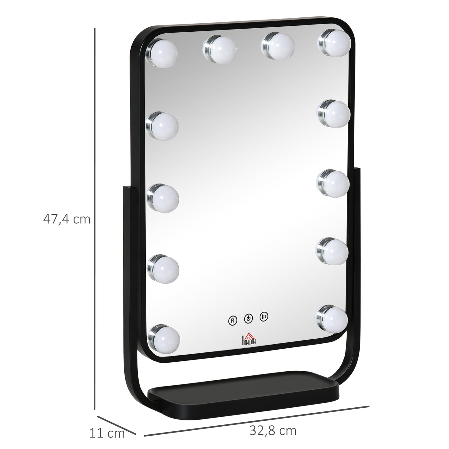 HOMCOM Espejo de Maquillaje con Luz Espejo Hollywood de Mesa con 12 LED 3 Modos y Luz Ajustable Pantalla Táctil y Función de Memoria para Dormitorio Baño 32,8x11x47,4 cm Negro