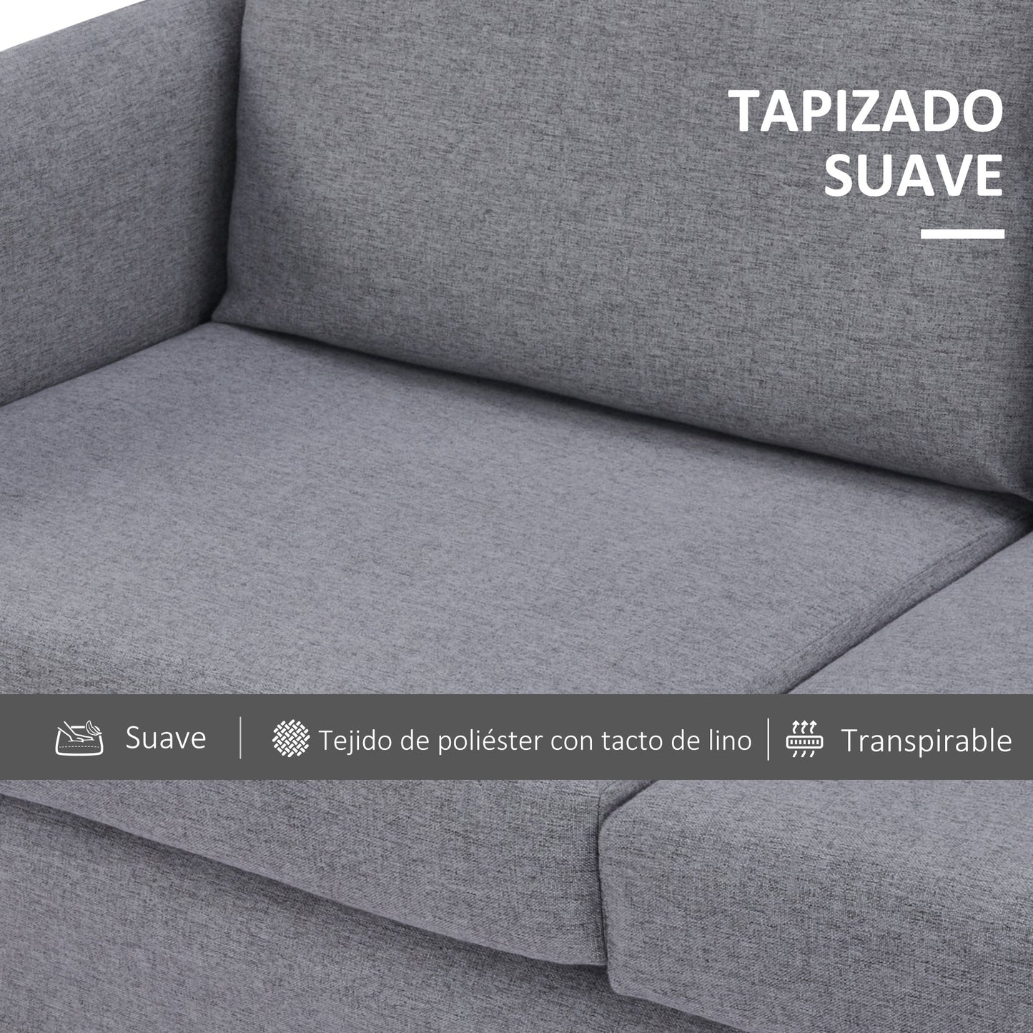 HOMCOM Sofá de 2 Plazas Tapizado en Lino Sintético Sillón Biplaza de Salón con Cojines Acolchados Desenfundables Reposabrazos y Patas de Acero 130x67x76,5 cm Gris