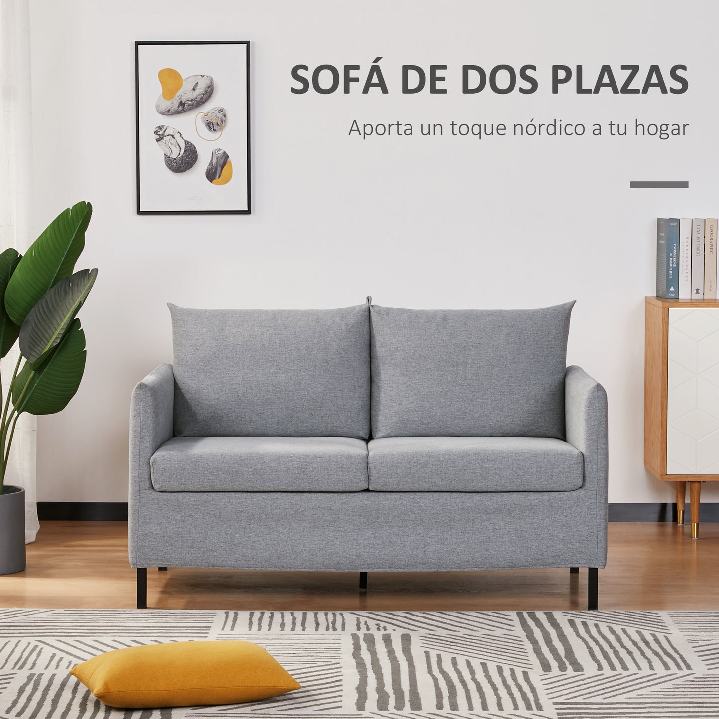 HOMCOM Sofá de 2 Plazas Tapizado en Lino Sintético Sillón Biplaza de Salón con Cojines Acolchados Desenfundables Reposabrazos y Patas de Acero 130x67x76,5 cm Gris